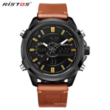 RISTOS 9461 Mens Analog Digital Wristwatch Leather Strap Stainless Steel Chronograph Digital Sport Watches Men